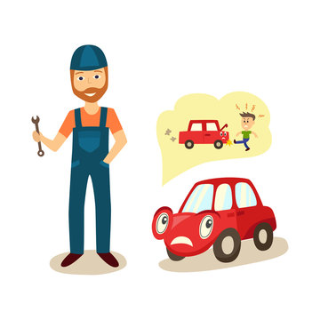 vector cartoon car with eyes worrying about possible problems with engine and owners angry punching reaction thinking about it with negative emotion and mechanic with wrench. Isolated illustration