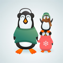 Family of cute penguins in winter clothes cheerfuly celebrating christmas. Vector illustration