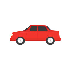 Flat style red sedan car, automobile icon, side view vector illustration isolated on white background. Flat style car, automobile, motor vehicle decoration element