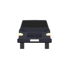 Flat style black sedan car, automobile icon, front view vector illustration isolated on white background. Flat style car, automobile, motor vehicle icon, decoration element