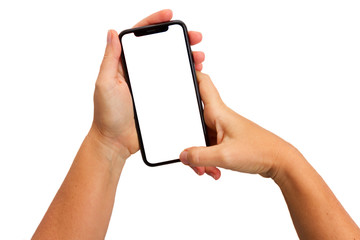 Two hands holding and touching new mobile phone isolated on white background