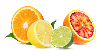 Citrus Fruit Set (orange,  lime, lemon) isolated on white background.