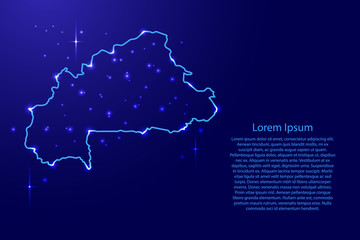 Map Burkina Faso from the contours network blue, luminous space stars for banner, poster, greeting card, of vector illustration