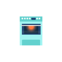 Freestanding electric stove, range, household appliance with light in the oven, flat style vector illustration isolated on white background. Flat style front view picture of electric stove, range