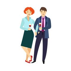 vector flat office worker man and woman in formal corporate clothing with necktie, characters standing hugging holding glass of wine at corporate party. Isolated illustration on a white background.