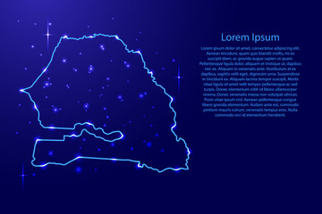 Map Senegal from the contours network blue, luminous space stars for banner, poster, greeting card, of vector illustration