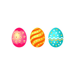 Set of three colorful, decorated eggs Easter decoration element, cartoon vector illustration isolated on white background. Set of cartoon style painted Easter eggs
