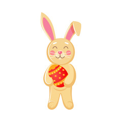 Cute bunny holding painted egg, Easter decoration element, cartoon vector illustration isolated on white background. Cartoon style Easter bunny, rabbit, hare holding painted egg