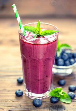 Fresh blueberry smoothie in the glass 