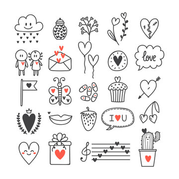 Love and hearts. Hand drawn set of cute doodle elements. Sketch collection for wedding or Valentine's Day design