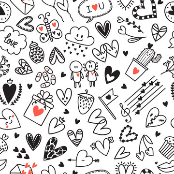 Love concept. Hand drawn romantic seamless pattern. Lovely symbols. Valentine's day background