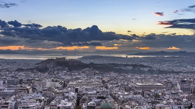 Acropolis and Athens at sunset Timelapse 4K