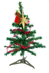 Joyful studio shot of a Christmas tree with colorful ornaments, isolated on white