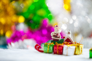 Christmas props decorations on christmas snow field background with copy space.Merry Christmas and happy new year concept.
