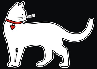 White cat with contour, vector icon, black background