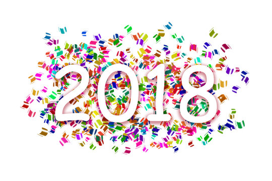white inscription year 2018 on a background with colorful flying sticky notes on a white background