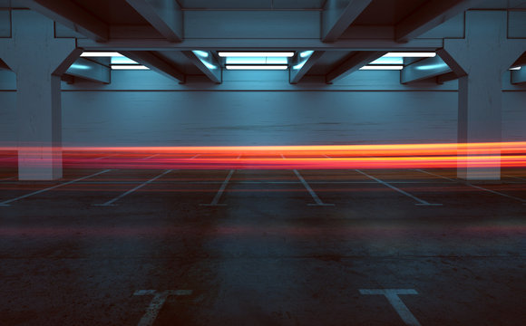 Parkhaus Langzeitbelichtung mit Rückscheinwerfern (Leuchtspur)