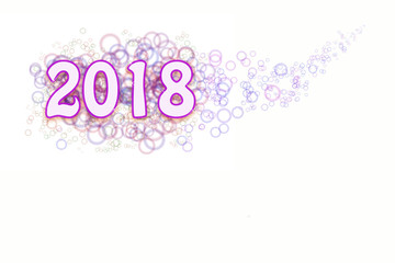 white inscription year 2018 with a purple fram on a background of colorful, transparent circles and flashes on a white background