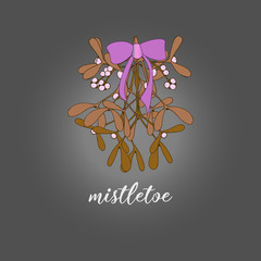 Branch of mistletoe with berries and red bow. A bouquet of Christmas.