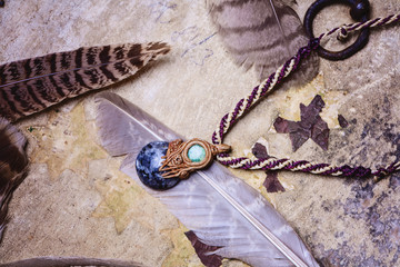 Natural gemstone handmade macrame meterial necklace with wild feather background