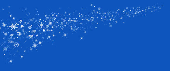 blue background with white, shiny stars and scattered snowflakes - 183659277