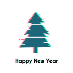 Fir tree minimalistic icon. vector greeting card. 2018 Happy New Year background with modern Digital Glitch effect.