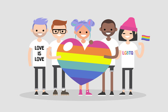 Love parade. A group of people holding a huge rainbow heart. LGBT community. Human rights. LGBTQ. Flat editable vector illustration, clip art