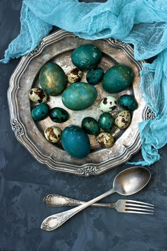 Easter still life with colorfull eggs. Top view