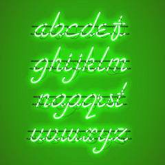 Glowing Green Neon Script Font with lowercase letters from A to Z with wires, tubes, brackets and holders. Shining and glowing neon effect. Vector illustration.
