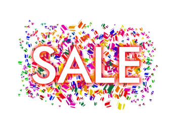 white inscription SALE with a red circle on a background with colorful flying sticky notes on a white background