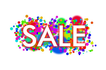 white inscription SALE with a red shadow on the background of a large number of colored circles of various sizes