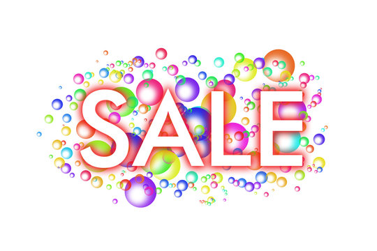 white inscription SALE with a red shadow on a background of colored soap bubbles on a white background
