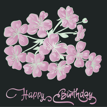 Happy Birthday lettering and twig sakura blossoms