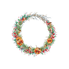 Watercolor Christmas wreath of twigs and boxwood with red berries decorated of dried oranges; cinnamon; candy canes. Beautiful and bright  frame for your holiday, warm wishes and design