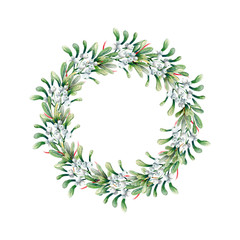 Watercolor Christmas wreath of mistletoe and boxwood on a white background. Beautiful and bright  frame for your holiday, warm wishes and design - obrazy, fototapety, plakaty