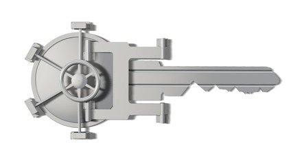 Obraz premium Key As Vault Bank Door on a white background - security concept
