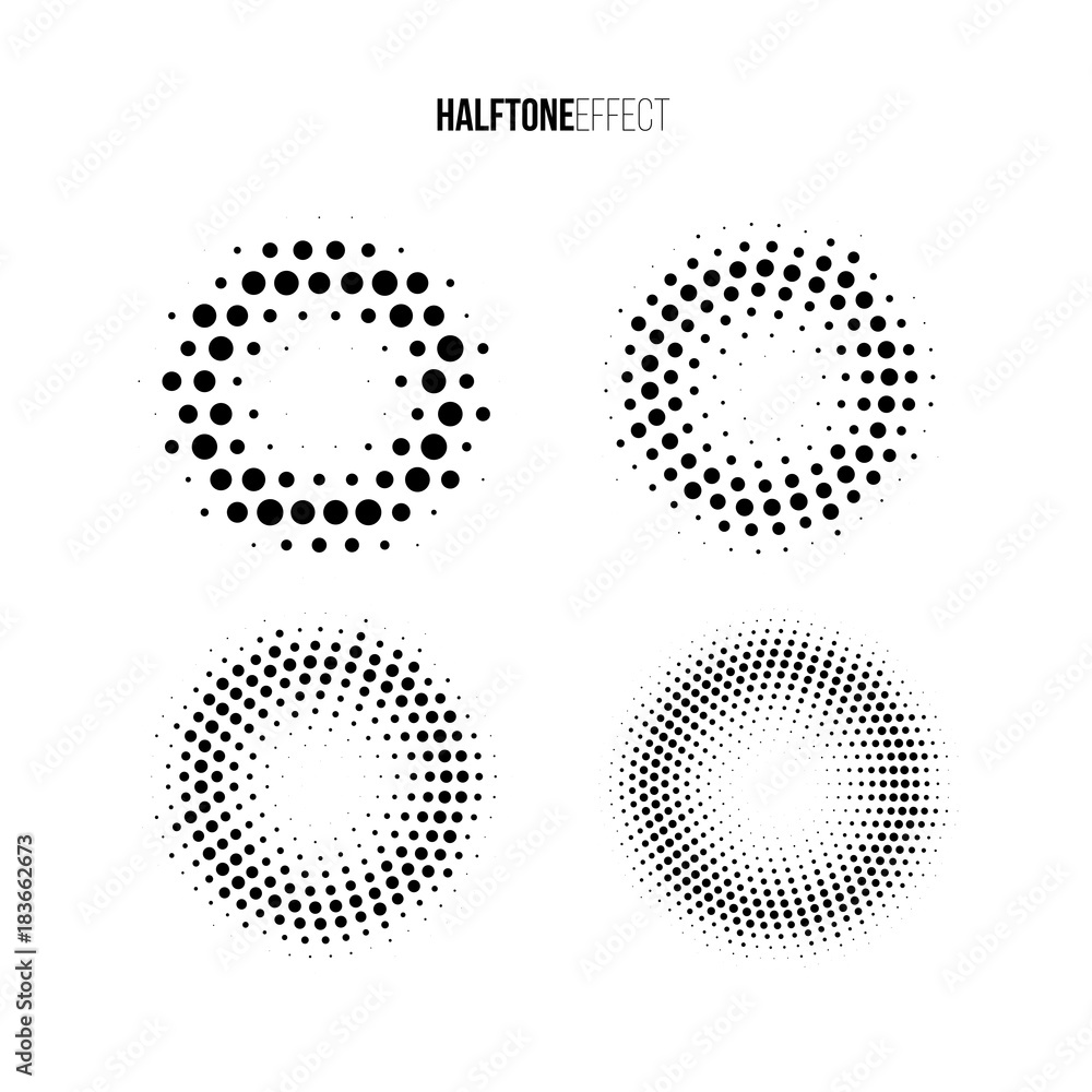 Poster vector halftone effect set. different gradient rings in halftone effect.