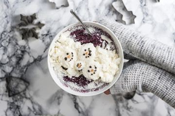 Winter Christmas Smoothie Bowl with Coconut and Snowman