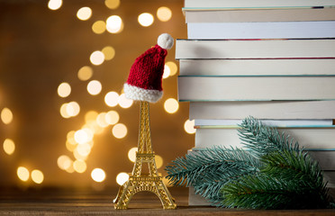 Christmas Santa Claus hat on Eiffel tower toy