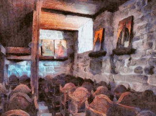 Interior inside a Christian Catholic church or monastery. Stock. Big size pictorial art. Watercolor and oil mixed painting style. Good for printing art pictures, design postcard, posters and wallpaper