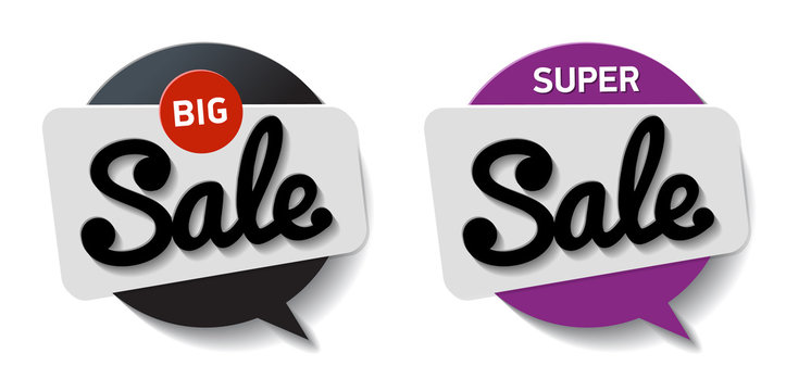 Speech bubble circle with text sale on white background. Vector black and purple round isolated. Set label big sale.