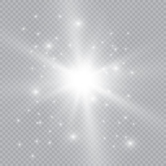 Set of glowing light effects with transparency isolated on plaid vector background. Lens flares, rays, stars and sparkles with bokeh collection.