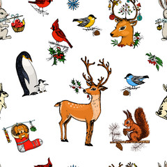 seamless pattern deer, squirrel and Christmas animals. New Year penguin and bird cardinal or tit in the forest. winter holidays. engraved hand drawn in old sketch and vintage style for postcards.