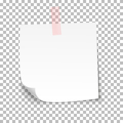 White sheet of note paper with adhesive tape on a transparent background. Vector illustration