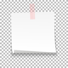White sheet of note paper with adhesive tape on a transparent background. Vector illustration