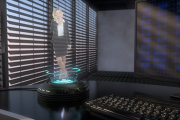 a holo projector projects a sympathetic business woman (3d mixed media)