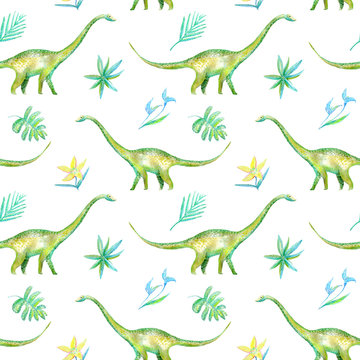 Seamless pattern of a dinosaur and plants.Picture of a jungle.Watercolor hand drawn illustration.White background.