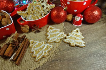 Cookies, gingerbread, nuts and spices. Christmas sweets and nuts. Christmas time 
