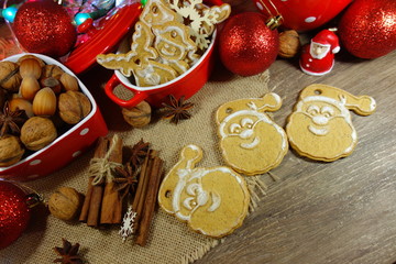 Cookies, gingerbread, nuts and spices. Christmas sweets and nuts. Christmas time 
