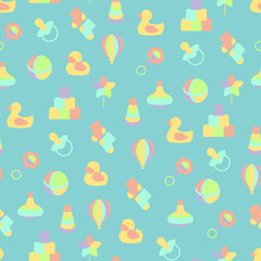 Baby toys seamless pattern on blue background